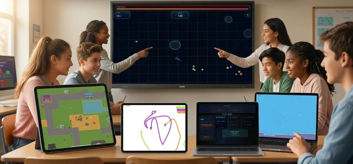 Students and teachers around tablets and laptops during a classroom review game