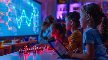 Students using tablets during a classroom review game